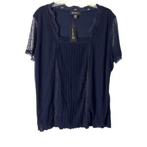 INC Dark Blue Swiss Dot And Lace Pintuck Blouse Size 1X NEW
